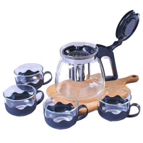 Théière + 4 tasses en verre recouvert de plastique